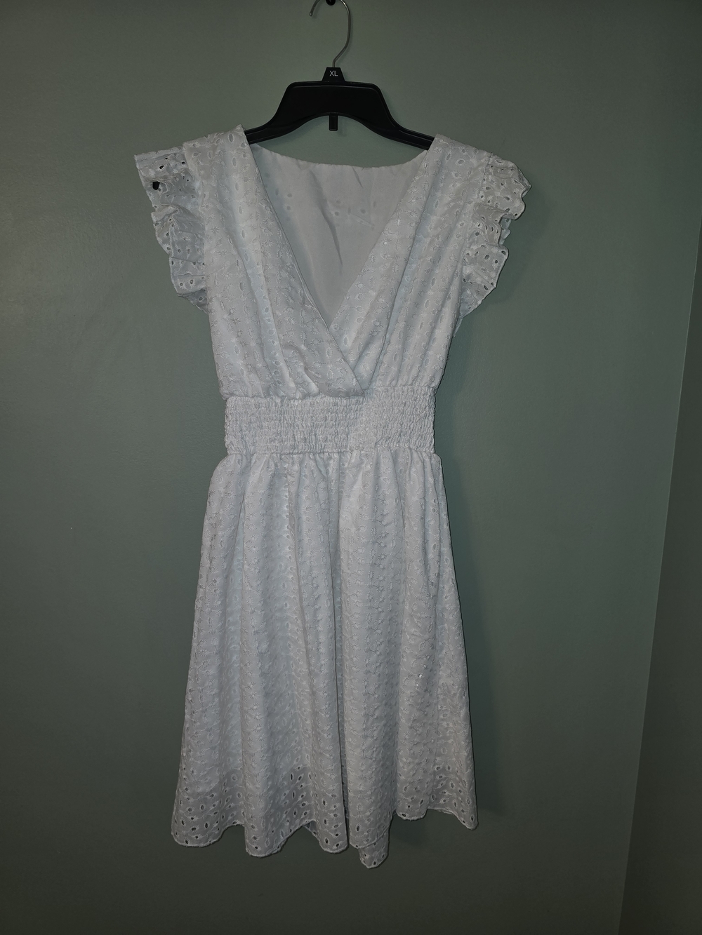 White Eyelet V-Neck Smocked Waist Dress